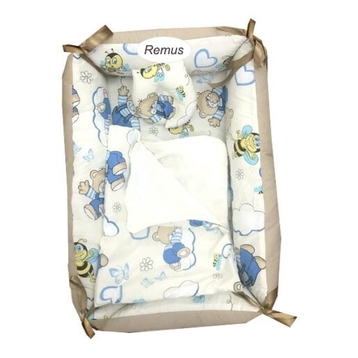 Reductor Personalizat Bebe Bed Nest cu paturica si pernuta antiplagiocefalie Deseda Ursi cu albine pe crem