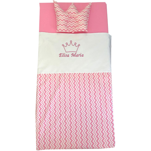 Set Personalizat Paturica bebe cu Cearsaf si Pernuta pt pat 120x60 cm Deseda Zig zag roz