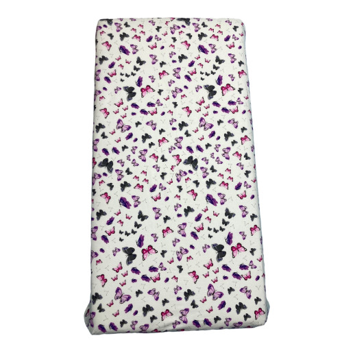 Set 3 piese pat 120x60 cm cu cearsaf paturica si perna fluturași mov-gri