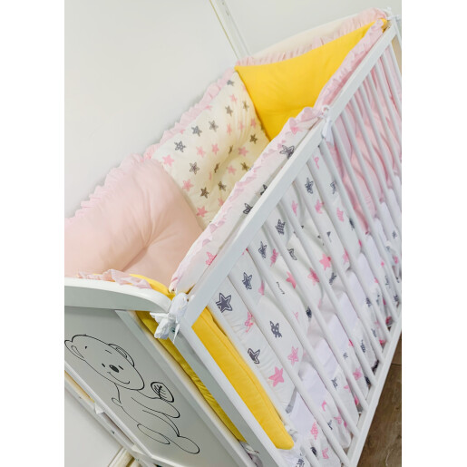 Set de 6 bucati aparatori protectii laterale patut 140x70 cm Deseda Roz pal - Galben - Stelute roz gri