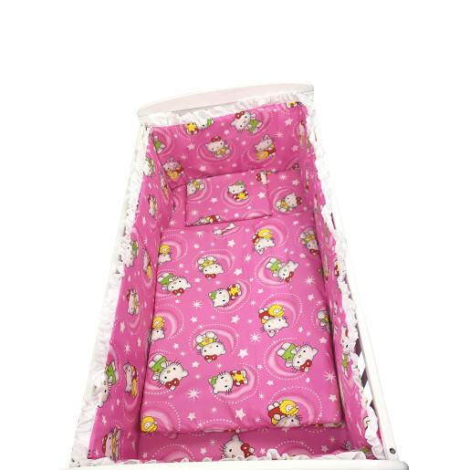 Lenjerie de patut bebelusi 120x60 cm, 5 piese cu aparatori laterale pe burete CN Hello Kitty roz