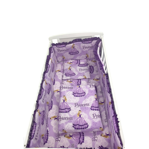 Lenjerie de patut bebelusi 140x70 cm, 5 piese cu aparatori laterale pe burete CN Printese la bal mov