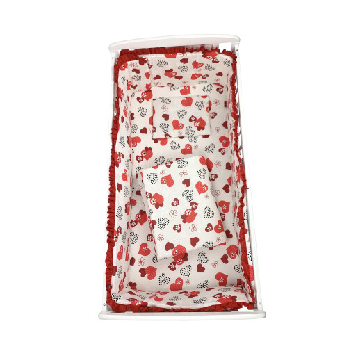 Lenjerie de patut bebelusi 120x60 cm, 5 piese cu aparatori laterale pe burete CN Inimioare cu volanas rosu