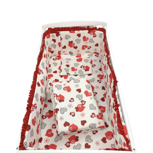 Lenjerie de patut bebelusi 140x70 cm, 5 piese cu aparatori laterale pe burete CN Inimioare cu volanas rosu