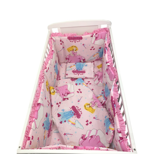 Lenjerie de patut bebelusi 120x60 cm 5 piese cu aparatori laterale pe burete CN Printese la castel roz