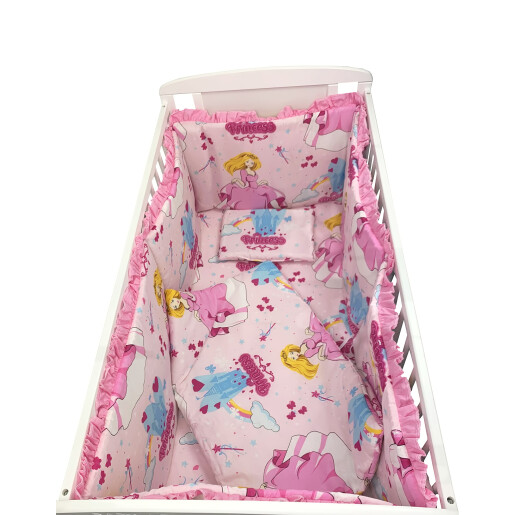 Lenjerie de patut bebelusi 140x70 cm 5 piese cu aparatori laterale pe burete CN Printese la castel roz