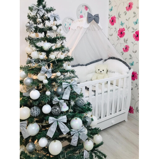 Lenjerie Personalizata cu aparatori Super Groase, baldachin si suport pat 140x70 cm Albă cu Volanas gri