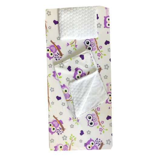 Set 3 piese de iarna paturica cu cearsaf si pernuta pentru pat 160x80 cm Deseda Bufnite mov