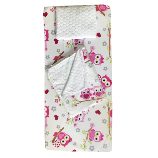 Set 3 piese de iarna paturica cu cearsaf si pernuta pentru pat 160x80 cm Deseda Bufnite roz