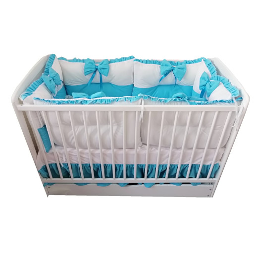 Lenjerie de patut cu 6 aparatori pufoase Alb-gri pat 120x60 cm, fundite, plapumioara, perna si cearsaf cu volan