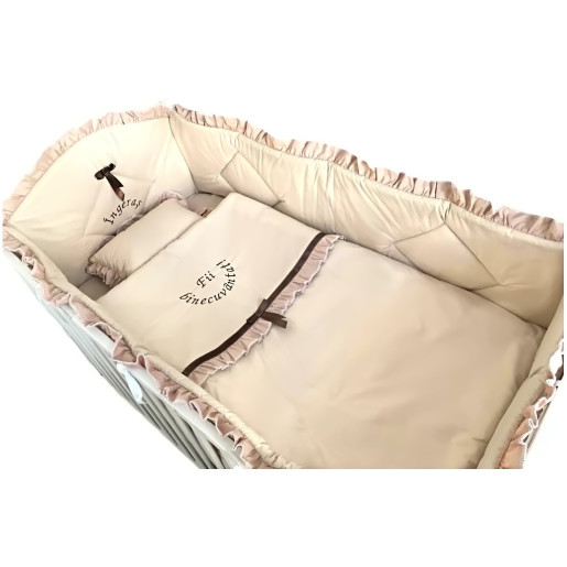 Lenjerie de pat brodata, pt bebelusi, cu aparatori laterale bej - 120*60 cm