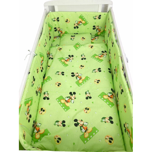 Lenjerie de patut bebelusi 120x60 cm, 5 piese cu aparatori laterale pe burete CN Mickey pe verde