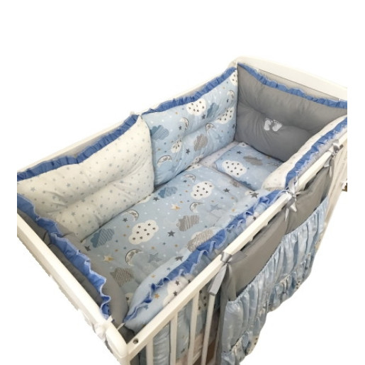 Lenjerie 10 piese cu 6 aparatori pufoase si buzunar pat 140x70 cm Deseda Gri-norisori-stelute albastre