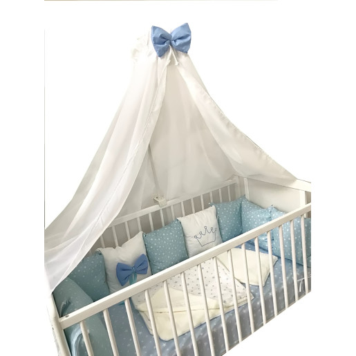 Lenjerie Personalizata pat 120x60 cm cu aparatori din 9 pernute pufoase, perna paturica si cearsaf cu volan Deseda Albastru - Stelute albe pe albastru