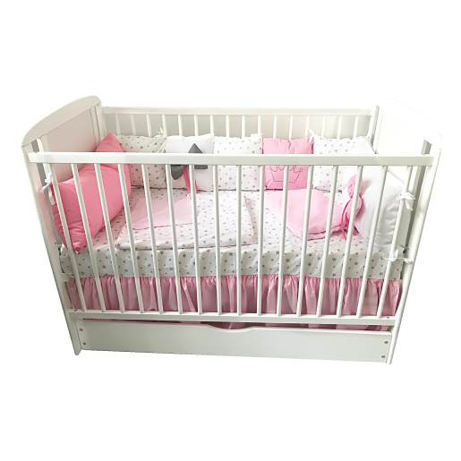 Lenjerie Personalizata pat 120x60 cm cu aparatori din 7 pernute pufoase, perna paturica si cearsaf cu volan Deseda Roz - Stelute gri pe alb