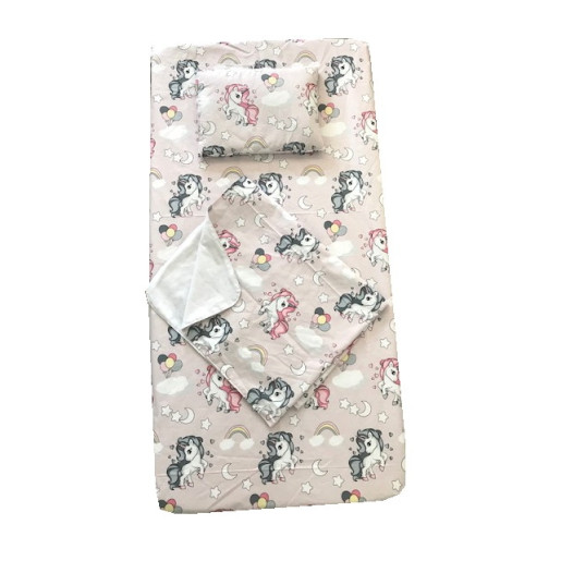 Set 3 piese pat 160x80 cm cu cearsaf paturica si perna Unicorni