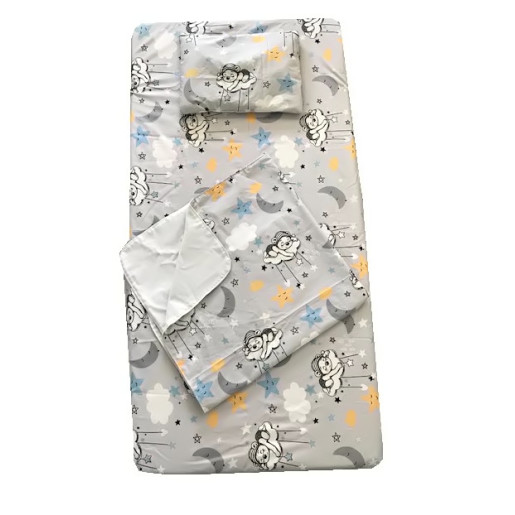 Set 3 piese pat 120x60 cm cu cearsaf paturica si perna Ursuleti adormiti Gri