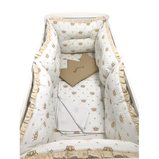 Lenjerie cu 6 aparatori pufoase si paturica pat 140x70 cm Deseda Coronita Bej