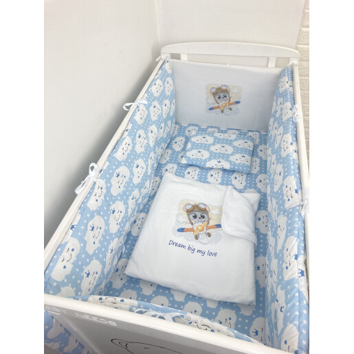 Lenjerie de patut bebelusi Personalizata Imprimata pat 140x70 cm Norisori zambareti albaștrii-Avion