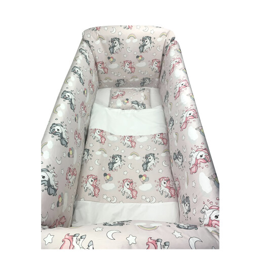 Lenjerie de patut bebelusi 140x70 cm cu aparatori Maxi Unicorni Roz