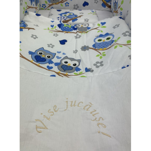 Lenjerie de patut bebelusi 140x70 cm cu aparatori Maxi Deseda Bufnite Albastre