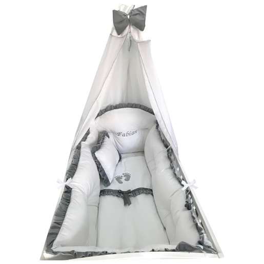 Lenjerie Personalizata cu aparatori Super Groase, baldachin si suport pat 120x60 cm Albă cu Volanas gri