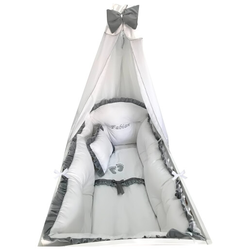 Lenjerie Personalizata cu aparatori Super Groase, baldachin si suport pat 140x70 cm Albă cu Volanas gri