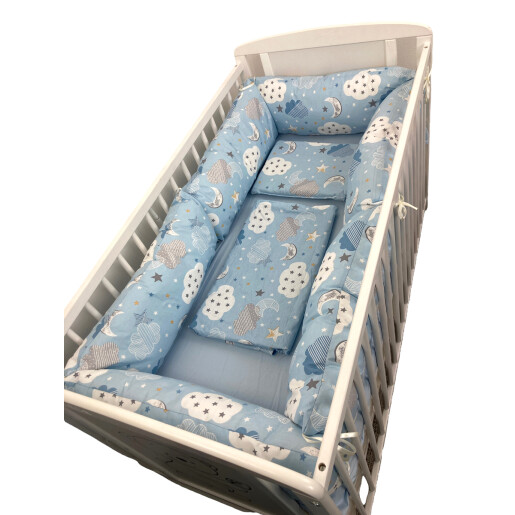 Lenjerie cu 6 bucati Perne Lungi protectii laterale patut 120x60 cm, cearșaf, păturică și pernuta Deseda Norisori albastru