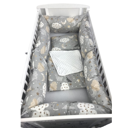 Lenjerie cu 6 bucati Perne Lungi protectii laterale patut 120x60 cm, cearșaf, păturică și pernuta Deseda Norisori gri-bej