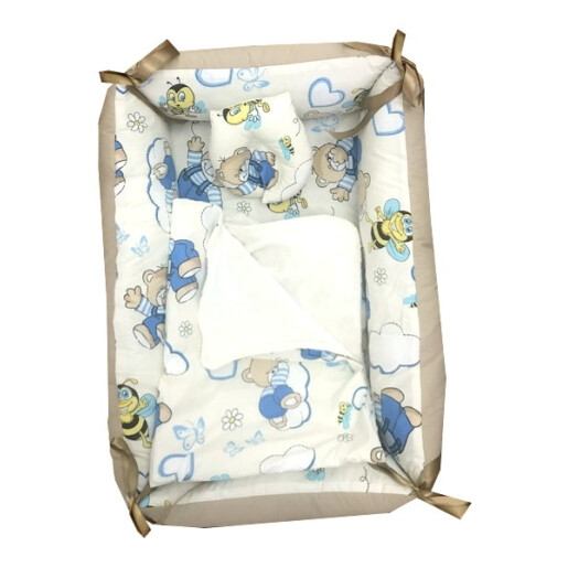 Reductor Personalizat Bebe Bed Nest cu paturica si pernuta antiplagiocefalie Deseda Ursi cu albine pe crem