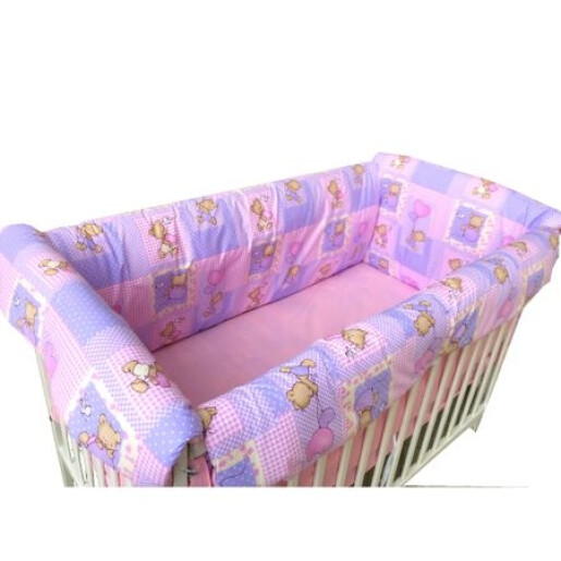 Lenjerie de patut bebelusi 120x60 cm cu aparatori Maxi Ursi in carouri pe roz