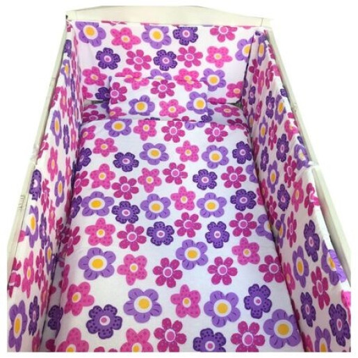 Lenjerie de patut bebelusi 120x60 cm 5 piese cu aparatori laterale pufoase CN Floricele