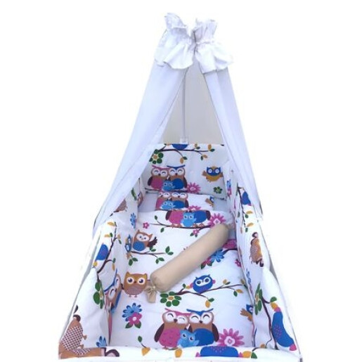 Lenjerie patut bebelusi 120x60 cm 10 piese Deseda Bufnite pe alb