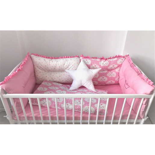 Set de 6 bucati aparatori protectii laterale patut 140x70 cm Deseda Roz-Norisori roz-Stelute roz pe alb