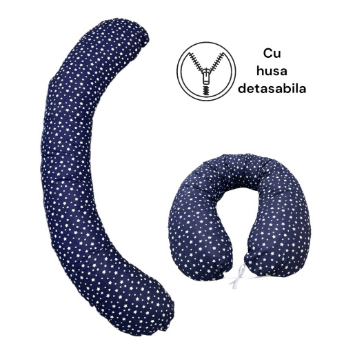 Perna de gravide, alăptare și antireflux, cu husa detașabilă Deseda tip Cornulet Steluțe pe bleumarin