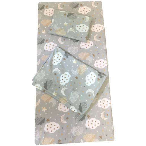 Set 3 piese paturica cu cearsaf si pernuta 120x60 cm Norisori cu luna gri