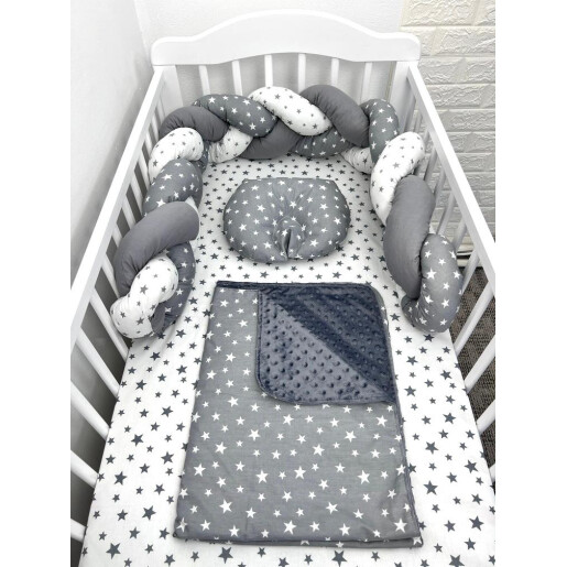 Lenjerie de pat 120x60 cm cu aparatoare împletită 180 cm Mix Stelute  Gri