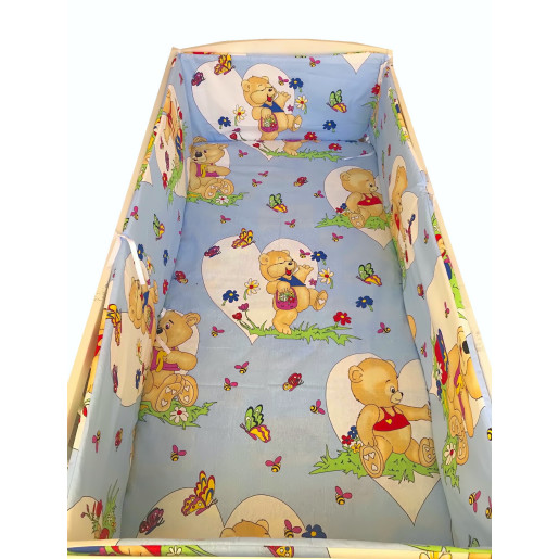 Lenjerie de patut bebelusi 5 piese cu aparatori laterale pe burete Ursuleti cu inimioare blue CN - 120*60 cm