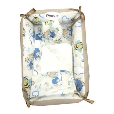 Reductor Personalizat Bebe Bed Nest cu paturica si pernuta antiplagiocefalie Deseda Ursi cu albine pe crem