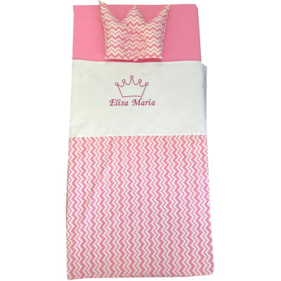 Set Personalizat Paturica bebe cu Cearsaf si Pernuta pt pat 120x60 cm Deseda Zig zag roz