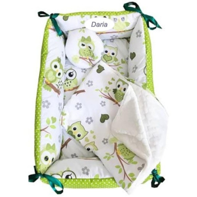 Reductor Personalizat Bebe Bed Nest cu paturica si pernuta antiplagiocefalie Deseda Bufnite verzi