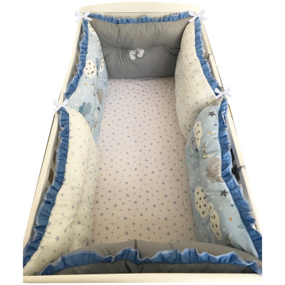 Set de 6 bucati aparatori protectii laterale patut 140x70 cm Deseda Gri-norisori-stelute albastre