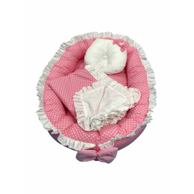 Cuib baby nest bebelusi cu volanase, paturica si pernuta Roz cu buline albe LUX