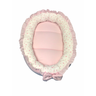Cuib baby nest bebelusi cu volanase roz pal - stelute roz pe alb LUX