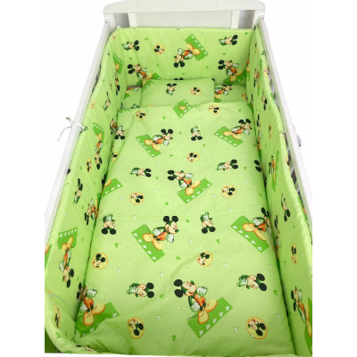 Lenjerie de patut bebelusi 140x70 cm, 5 piese cu aparatori laterale pe burete CN Mickey pe verde