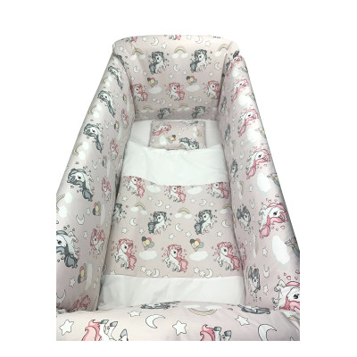 Lenjerie de patut bebelusi 140x70 cm cu aparatori Maxi Unicorni Roz