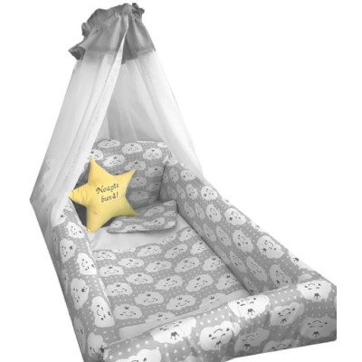 Lenjerie de patut bebelusi 9 piese pat 140x70 cm cu aparatori si baldachin Maxi Deseda Steluta Noapte buna gri