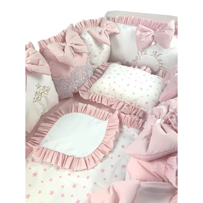 Lenjeria cu aparatori pat 140x70 cm din 13 pernute Roz pal LUX by Deseda 