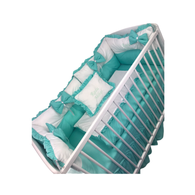 Lenjerie de patut cu 6 aparatori pufoase Alb-verde menta pat 120x60 cm, fundite, plapumioara, perna si cearsaf cu volan