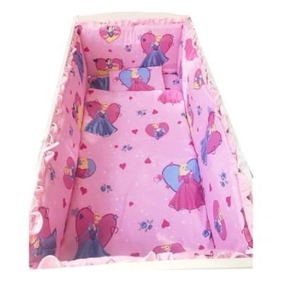Lenjerie de patut bebelusi 120x60 cm, 5 piese cu aparatori laterale pe burete CN Roz cu printese 